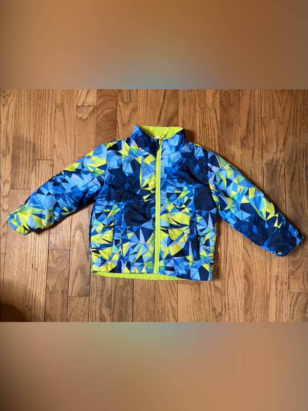 Kids reversibel Jacket - Blue & Lime Geometric Puffer size 2Tc
